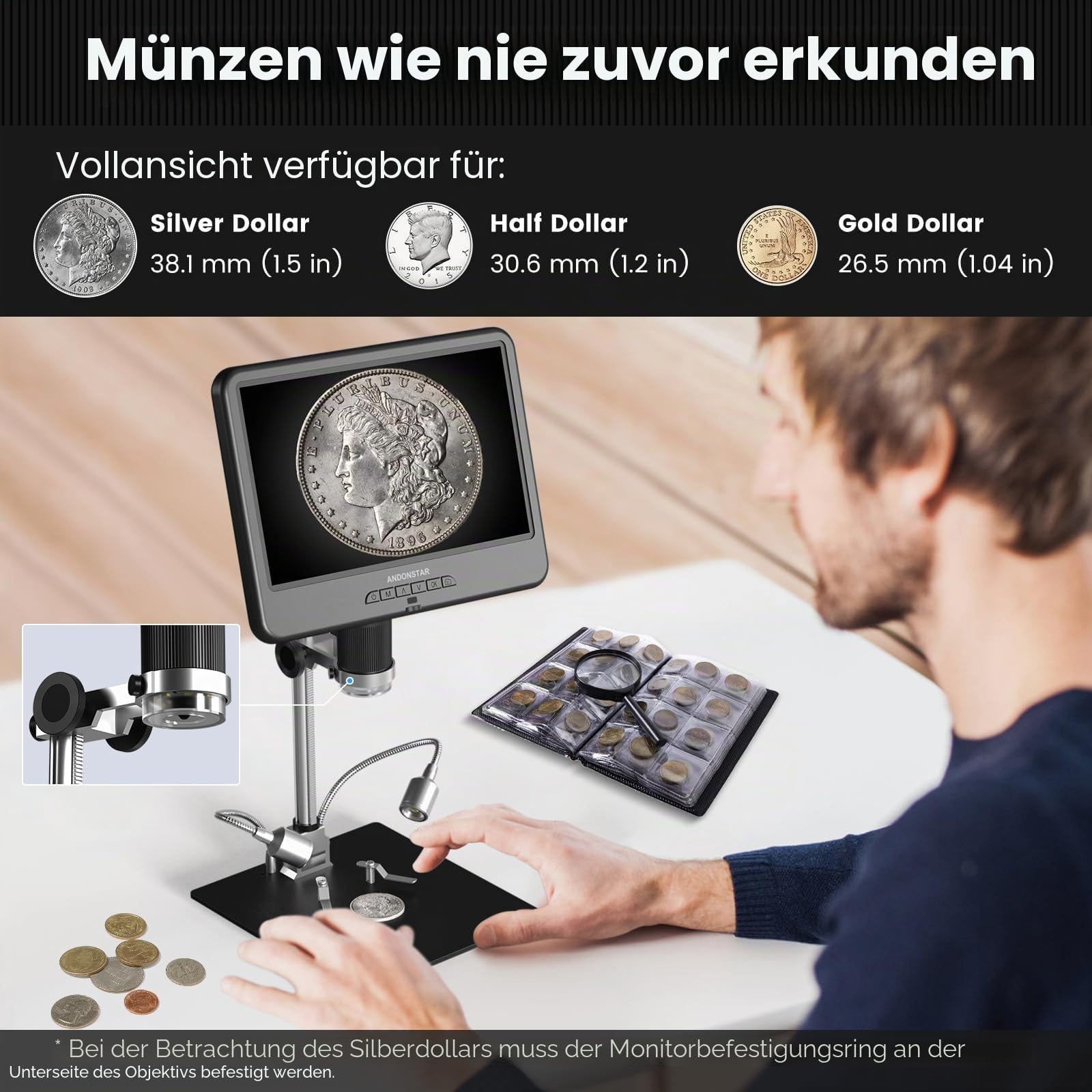 Andonstar AD210 10.1 Zoll LCD Digitales Mikroskop für Erwachsene, Lötmikroskop für Elektronikreparatur, Münzmikroskop Kamera mit Vollbildansicht für Fehlermünzen mit Licht