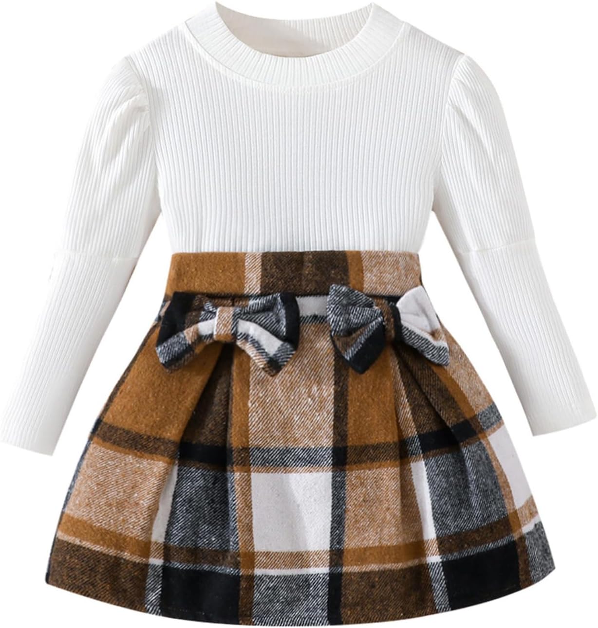 Noubeau Girl Skirt Sets Toddler Plaid Outfits Puff Sleeve Top Plaid Mini Skirt Kids Fall Winter Clothes
