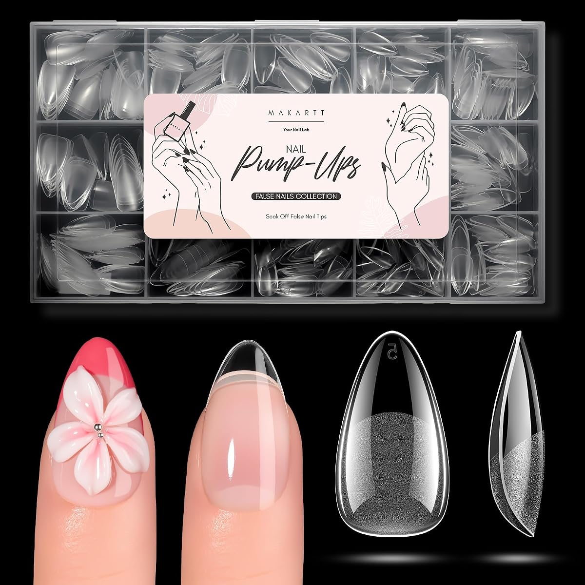 Makartt Puntas de uñas: uñas postizas de cobertura completa de almendra corta, 510 piezas, 15 tamaños, gel suave, semimate, preforma, remojo para prensar las uñas, bricolaje, para extensión, sin arrugas, manicura de uñas acrílicas, salón de bricolaje en casa