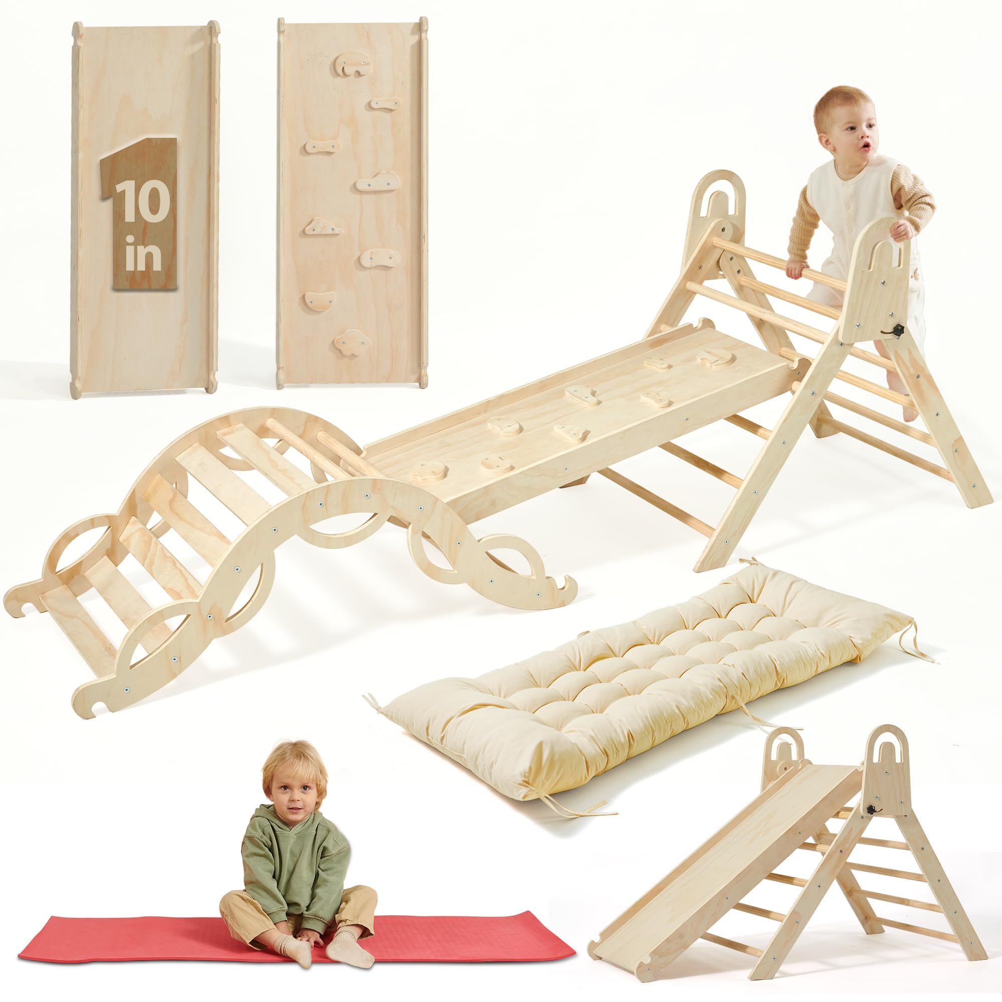 Almast Kids Extra Large 10-in-1 Pikler Triangle Set – Foldable Montessori Indoor Climbing Toy with Yoga Mat & Cushion | Eco-Friendly | Ages 3+