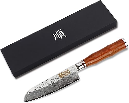 Miniatura 3 de Sunlong Santoku - Cuchillos de chef de 5 pulgadas con mango de madera de sangre natural de Damasco martillado japonés