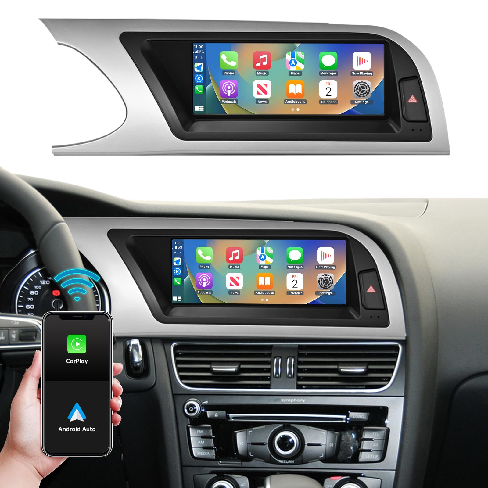 Car Radio 8,9 pollici Touchscreen con Wireless Carplay e Android Auto per Audi A4 S4 2009-2016 con sistema 2G MMI, supporta Mirrorlink, telecamera, navigazione