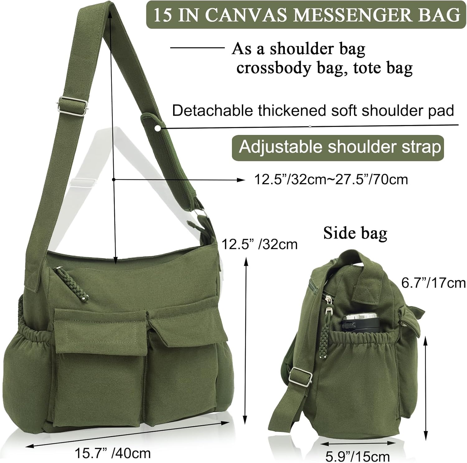 High Density Canvas Messenger Bag for Men/Women, 15” Large Crossbody Shoulder Bag Tote Bag for College/Travel/Work Daily Use | High Density Canvas, 15", Large, for College, for Travel, for Work