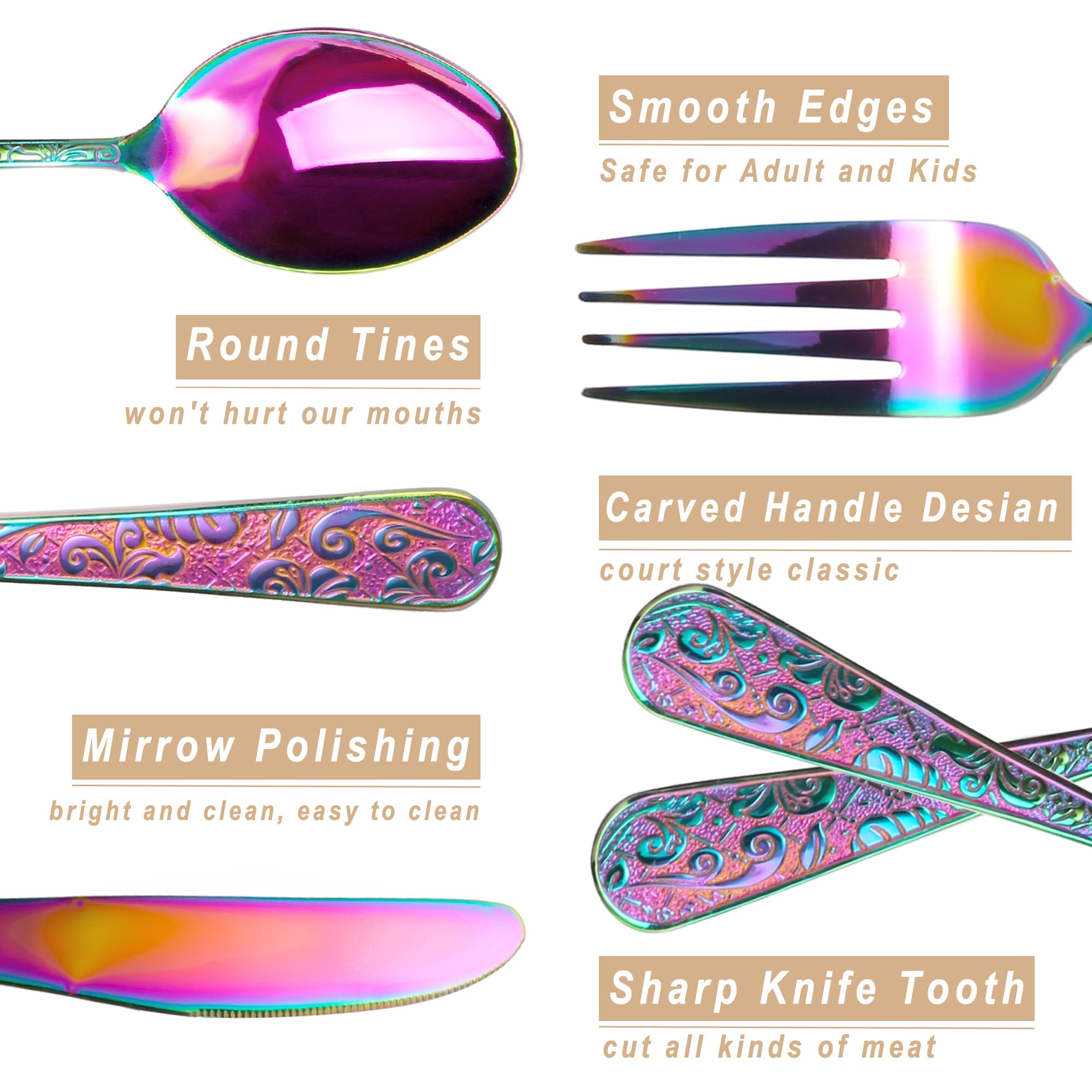 Runfly Vintage Carved Rainbow Stainless Steel 20 Pieces Flatware Set, Colorful Silverware Set, Modern Embossed Cutlery Set Utensils Including Fork Spoon and Knife