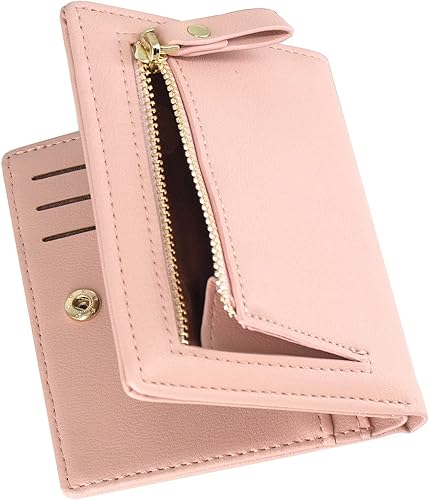 SUMGOGO Cartera pequeña para mujer, delgada, de piel, con tarjetero RFID, plegable, corto, con cremallera, bolsillo frontal, Rosado, Minimalista