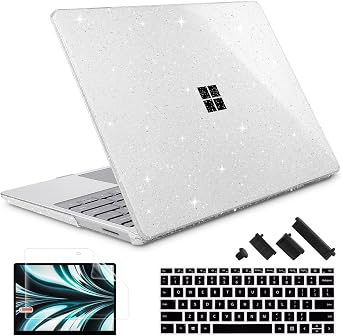 May Chen Compatible with Microsoft Surface Laptop Go 3/2/1 12.4 Inch Case, Plastic Hard Shell with Screen Protector + Keyboard Cover, Clear Glitter