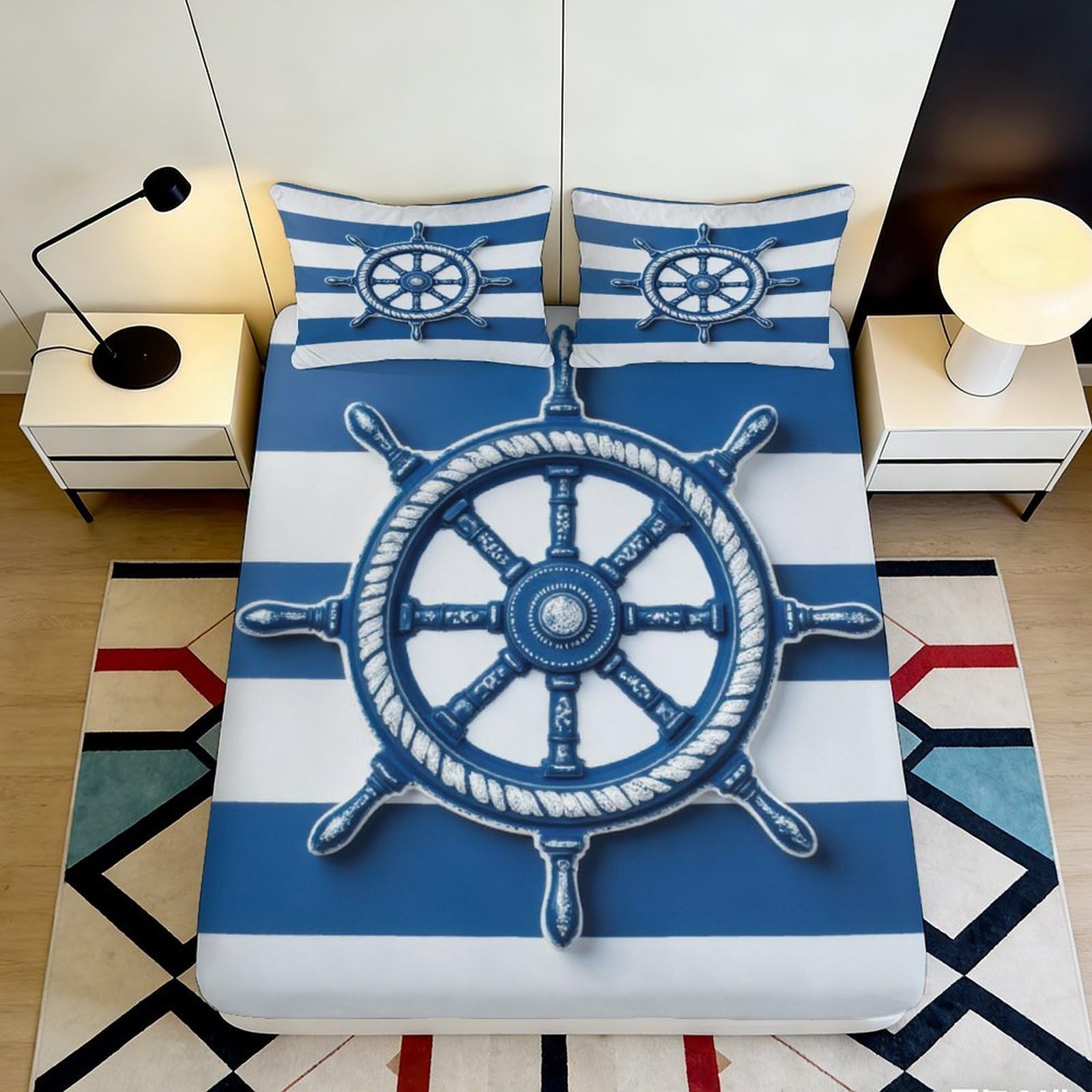 3D Printed Nautical Helm Fitted Sheet Microfiber Blue Striped Anchor Bed Cover Soft Washable for Bedroom Guest Room 90x200x25cm