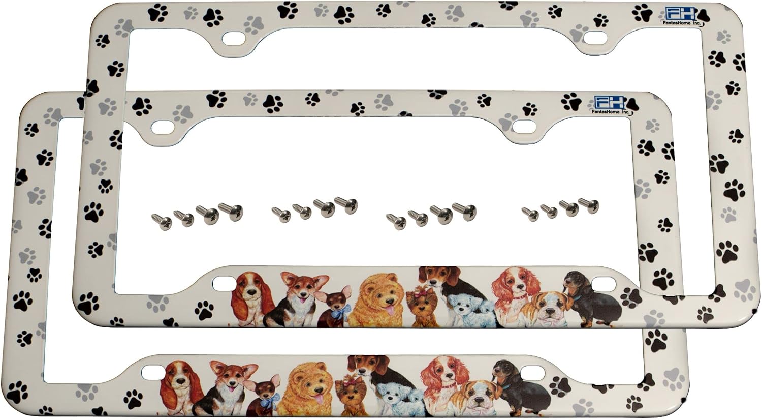 FantasHome 2 Pack Stainless Metal Car License Plate Frame Cover, US Standard Size (Dog)