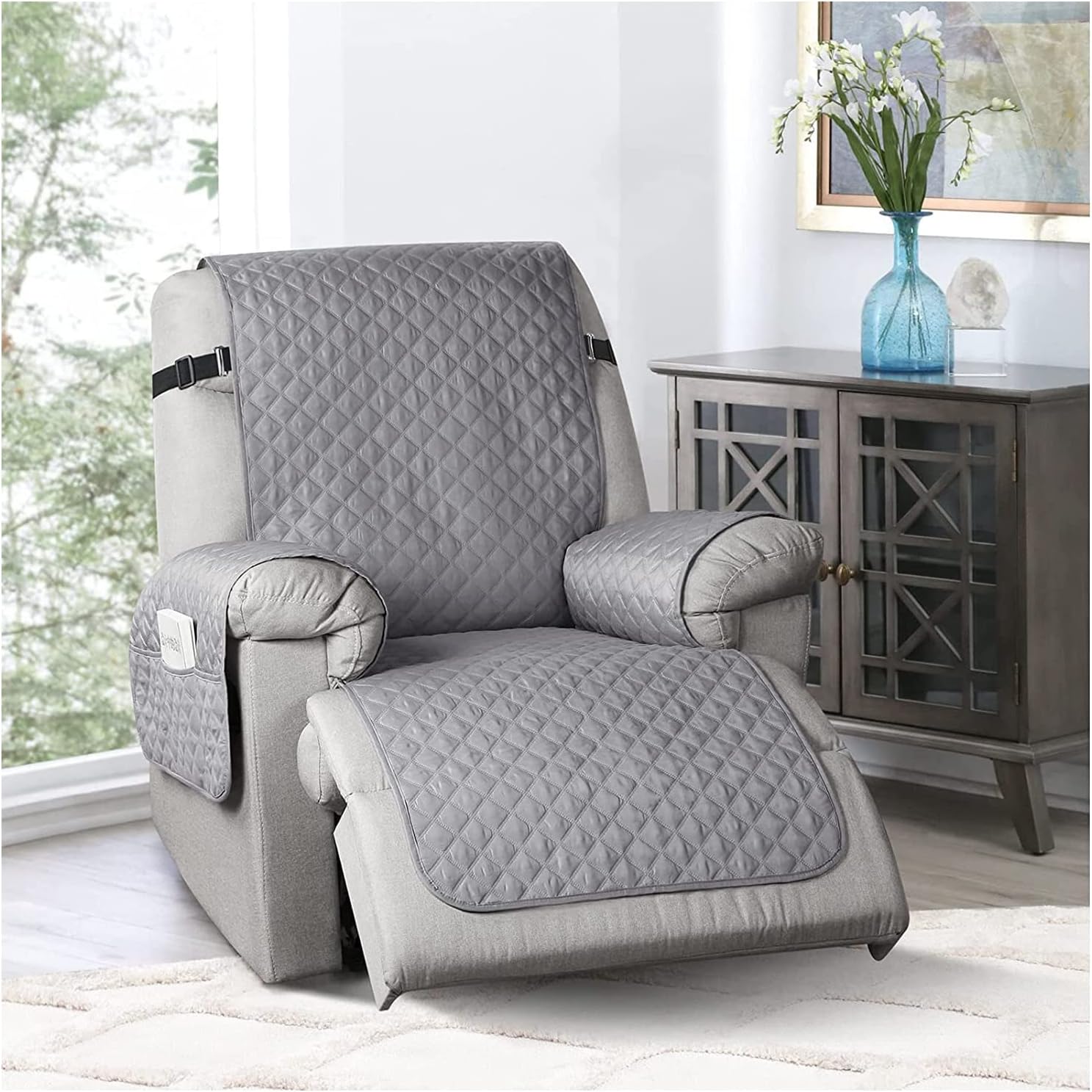 Non-Slip Recliner Chair Cover Sofa Slipcover, Pet Cover for Small Recliner Chair with Elastic Straps, Washable Reclining Chair Cover Recliner Gray