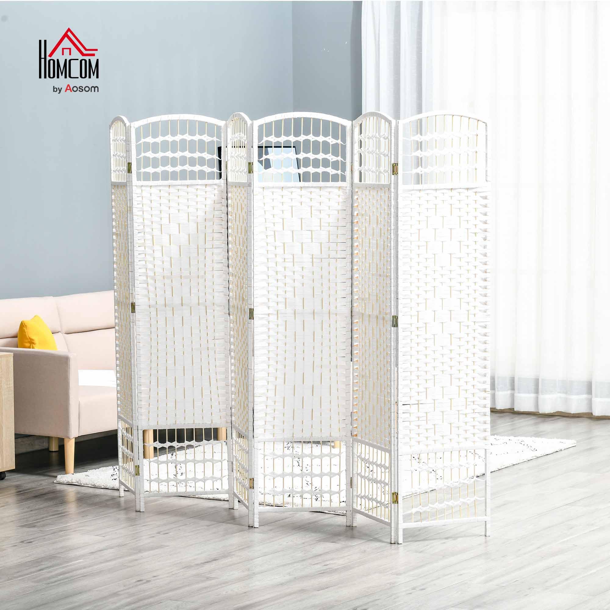 HOMCOM Biombo de 6 Paneles Separador de Ambientes Plegable 242x170 cm Divisor de Habitación de Fibra de Papel y Marco de Madera Decoración Elegante para Dormitorio Salón Blanco