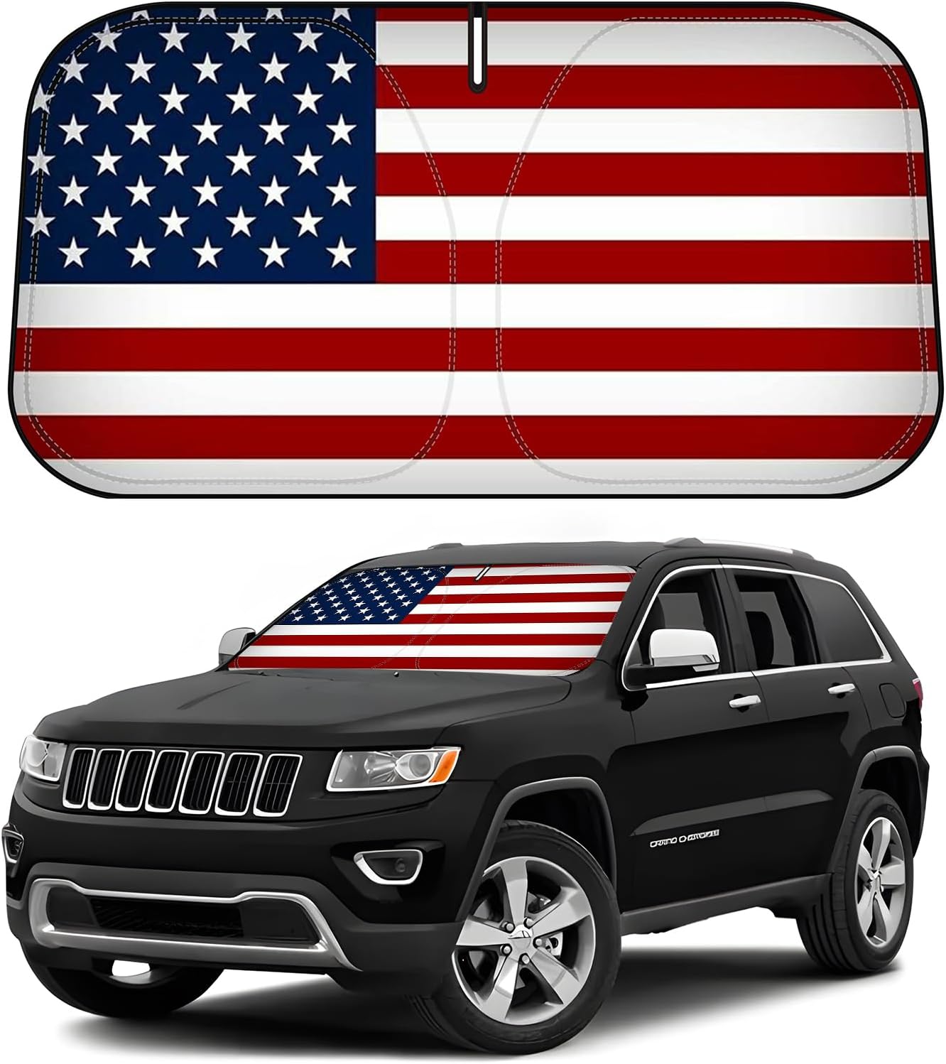 D-Lumina Windshield Sun Shade American Flag for 2011-2021 Jee-p Grand Cherokee (NOT for Grand Cherokee L), Front Window Sunshade Sun Visor Sun Shield Block UV Ray Heat, Foldable 2 Layers 210T Material Silver & Black-Fit 2011-2021 Jeep Grand Cherokee