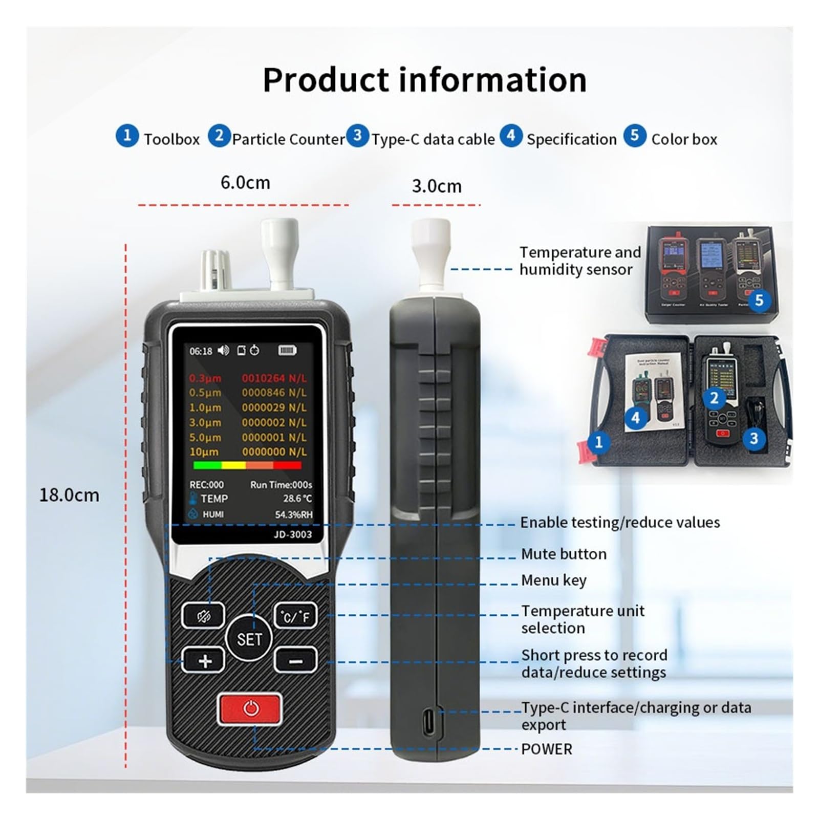 Contador de partículas portátil JD 3003 con tamaños de partículas de Seis Canales (0,3, 0,5, 1,0, 2,5, 5,0, 10 Μ M) Pantalla LCD for el Trabajo y el hogar Monitoreo rápido