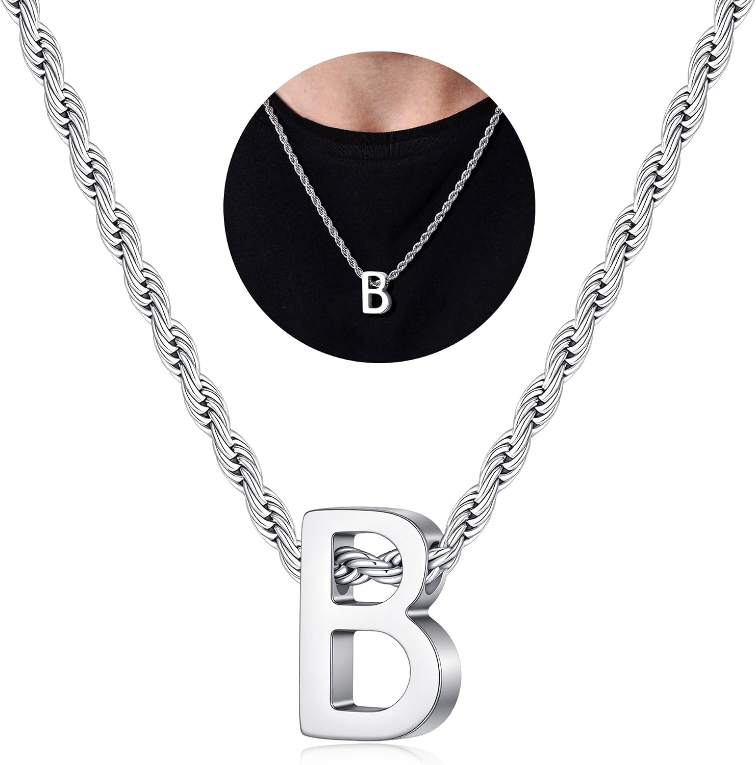 M MOOHAM Initial Necklace for Teen Boys Men Gifts - Stainless Steel Twist Rope Chain Initial Pendant Necklace Jewelry Personalized Gifts for Men Teen Boys Boyfriend Husband