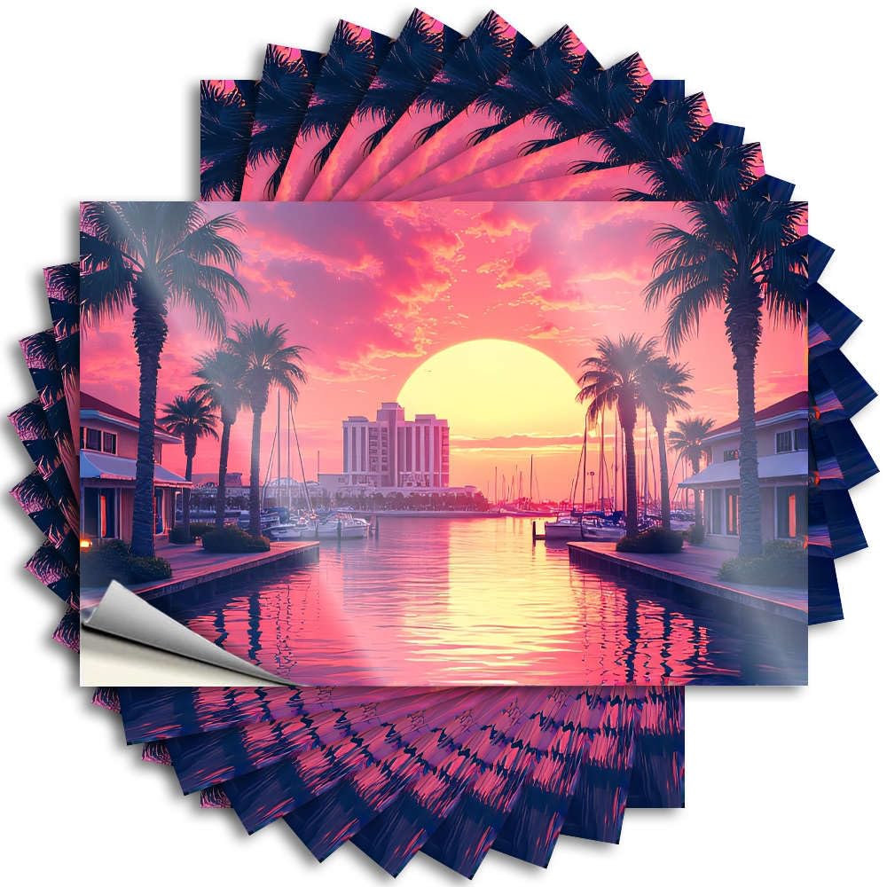 Sunset Over Palm-Lined Waterfront with Boats Docked. Garage Mini - Teen Stuff Saying Self Adhesive Sticker(8X12CM)