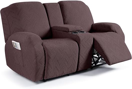 Ruaozz Loveseat Recliner Covers with Console, 4-Pieces Recliner Sofa Covers Stretch Jacquard Reclining Couch Covers with Pockets Furniture Protector with Elastic Straps Bottom Dark Coffee