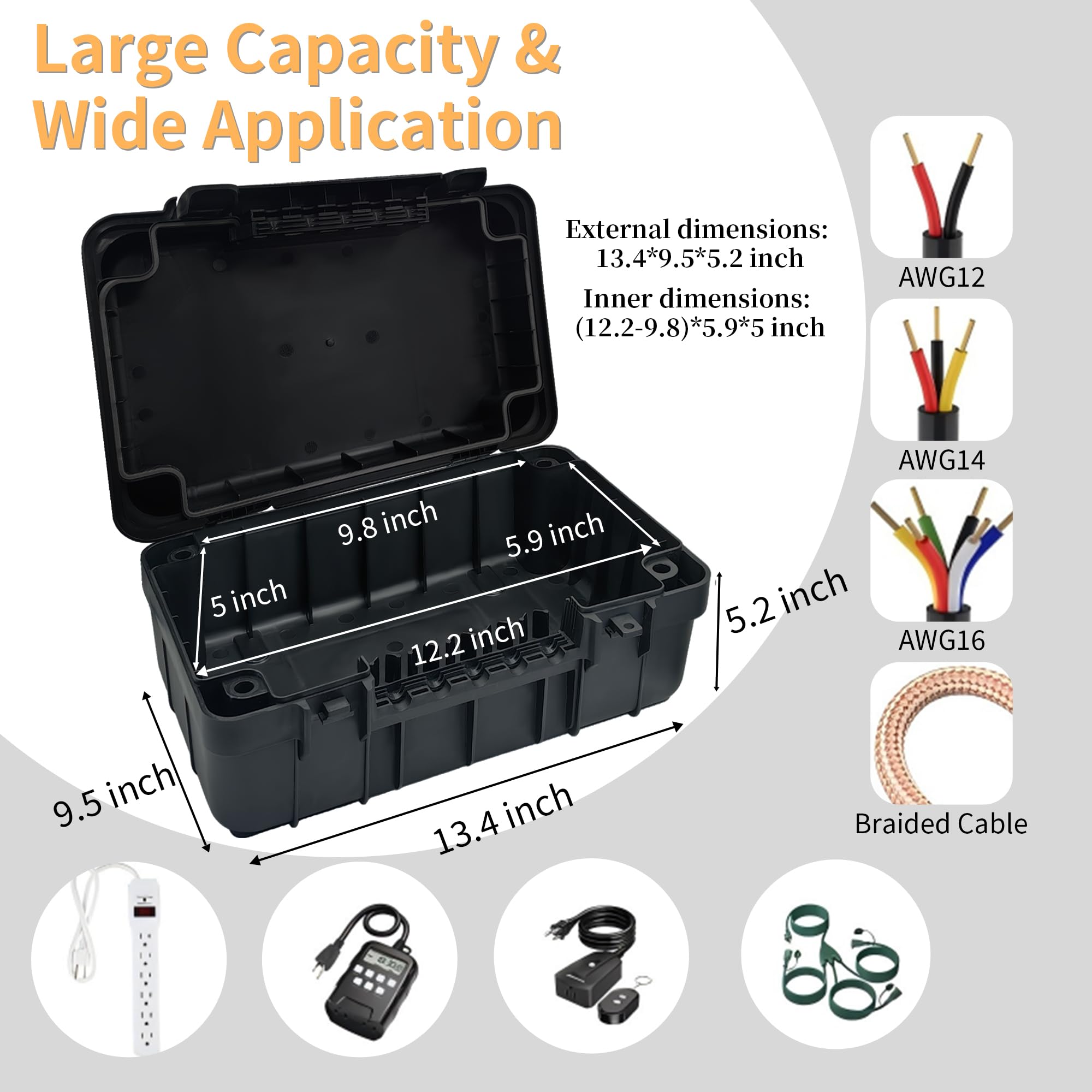 Paxboxtech Große Outdoor-Elektrobox (34,3 x 24,1 x 14 cm), IP54 wasserdichte Außenverlängerungskabelabdeckung, wetterfeste Steckdosenbox, schützt Steckdosenleiste, Steckdose, Timer, Stecker