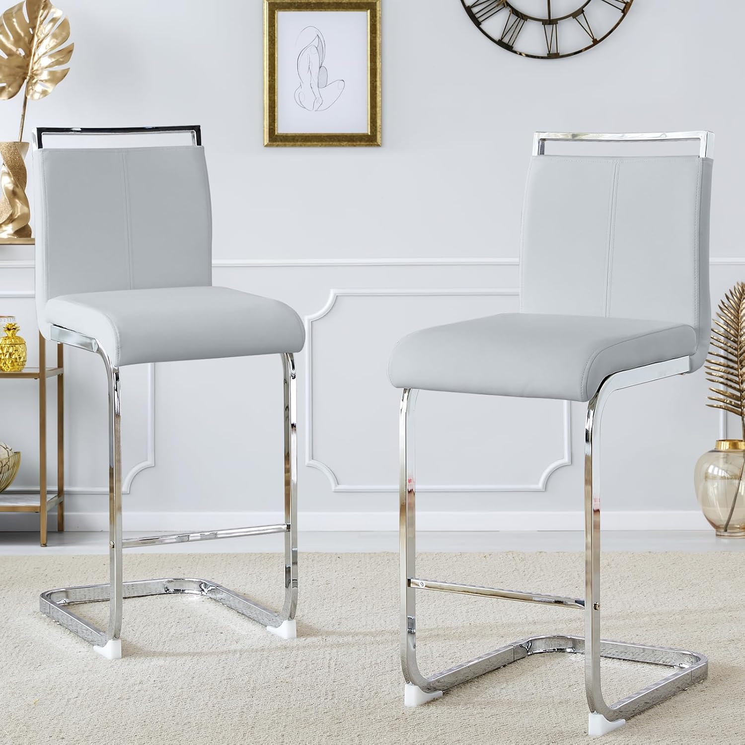 Bar Stools Set of 2,25" H Counter Height Bar Stools with Back and Footrest,Modern Leather Counter Stools,Armless Dining Chairs for Kitchen Island,Pub,Home Bar(Light Grey+Silver)