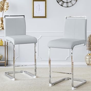 Bar Stools Set of 2,25" H Counter Height Bar Stools with Back and Footrest,Modern Leather Counter Stools,Armless Dining Chairs for Kitchen Island,Pub,Home BarLight Grey+Silver
