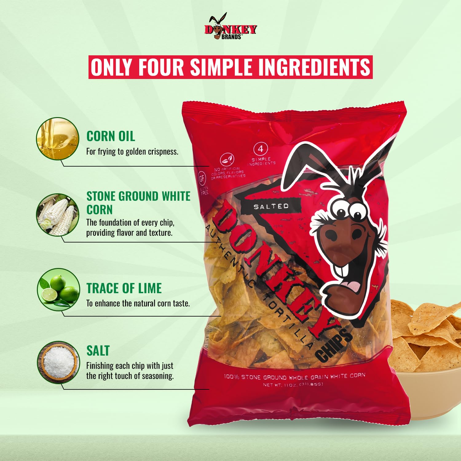 Donkey Chips Tortilla Chips Salted, Stone Ground White Corn Chips, Thick-Cut Crunch, Gluten Free Snacks, Healthy Tortilla Chip Variety, No Artificial Preservatives (11 oz, Pack of 4)