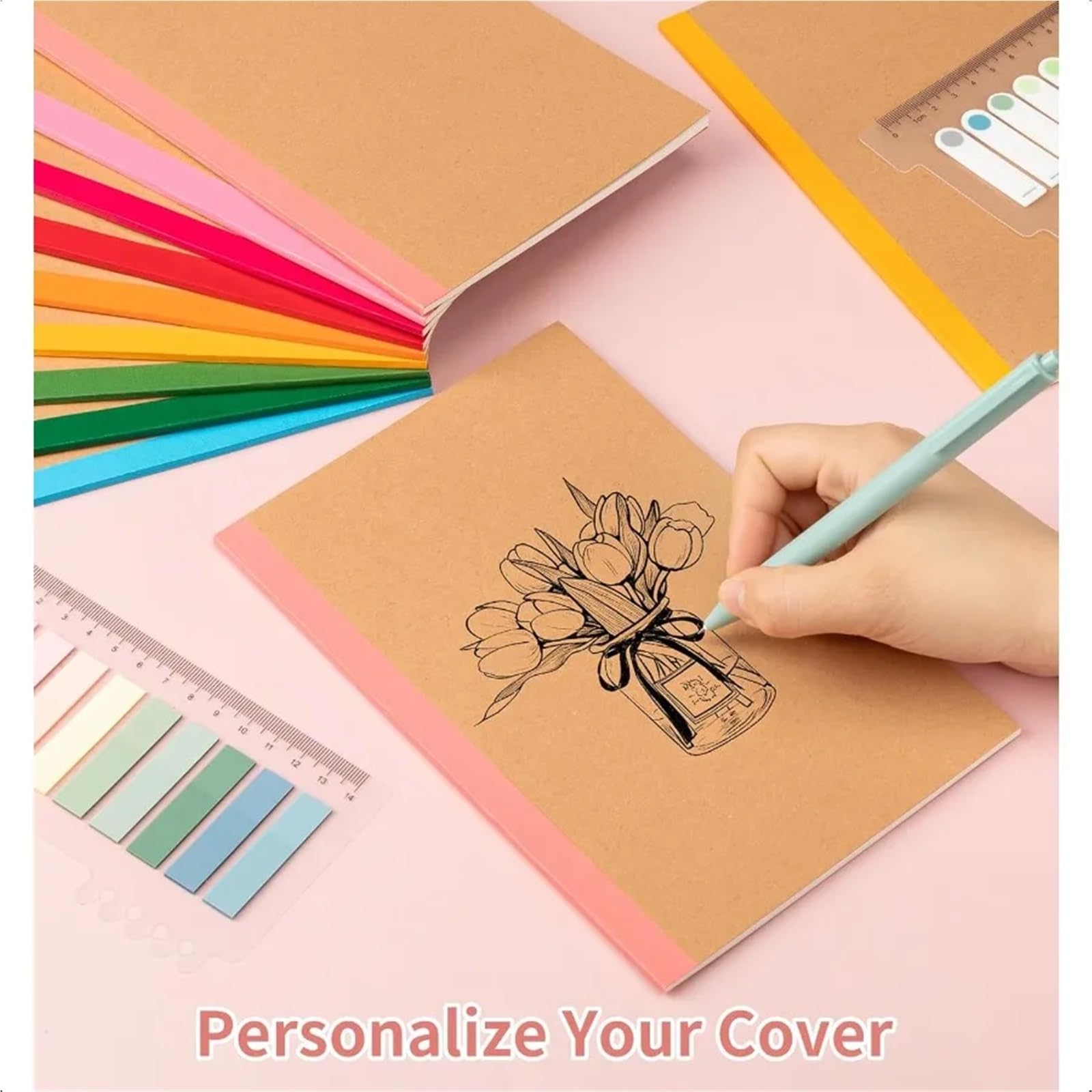 Quaderni a righe, confezione da 30 quaderni per composizione, formato A5, a righe, copertina in carta kraft con dorso arcobaleno, 8,3 x 5, 15 colori, 6