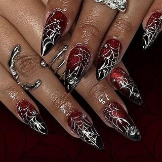 Halloween Press on Nails Medium Almond False Nails Stiletto Fake Nails Red Handmade Press on Nails with 3D Spider Web Design Vampire Nail Reusable Stick on Nails 24Pcs 12 Sizes Gift for Women Girls
