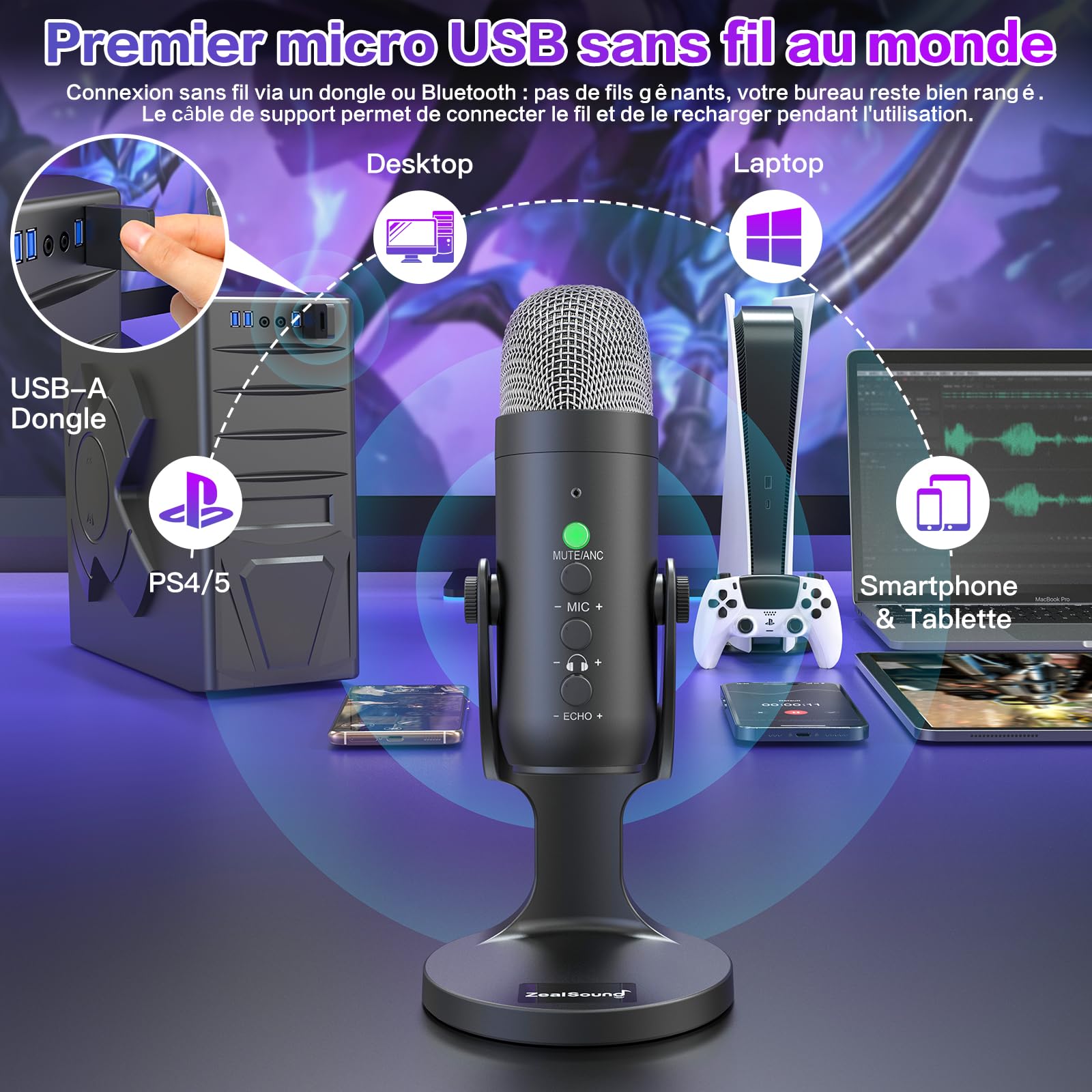 zealsound Micro Gaming sans File pour PC, Téléphone et iPhone, Micro à condensateur avec réduction de Bruit, Muet, Prise Moniteur, et Echo, pour Podcast, Enregistrement, Voice Over, Discord, Youtube