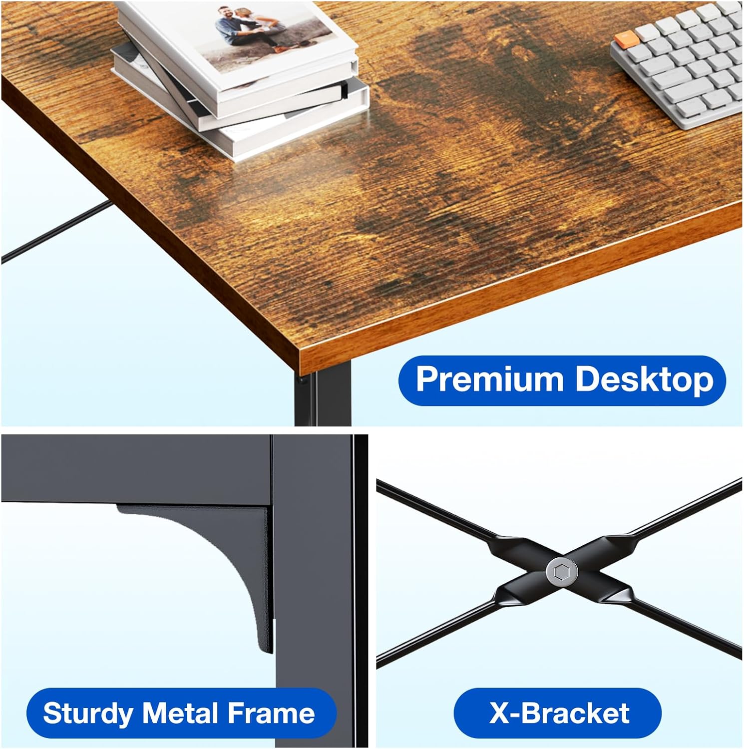 Close-up view of the ODK desk's premium desktop surface, sturdy metal frame, and X-bracket for stability.