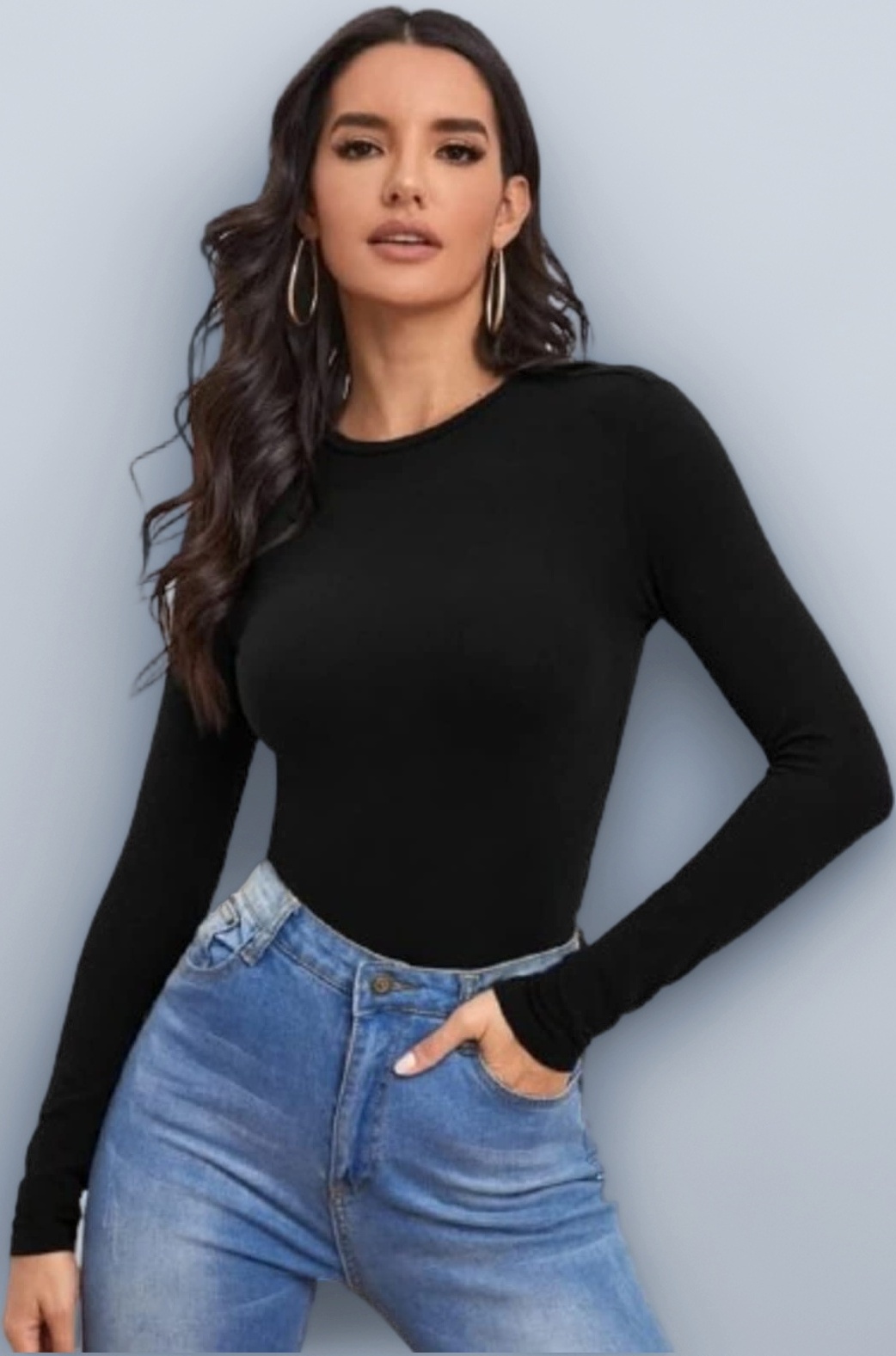 Polyester Blend Women's Casual Round Neck Long Sleeves Stylish Slim Fit Top, 23" Inches (BZF-Top-Empire-P)