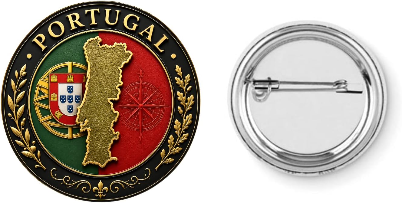 Badge Pins Portugal 37 mm – Broche Ronde Drapeau Portugais avec Carte du Portugal – Pin’s