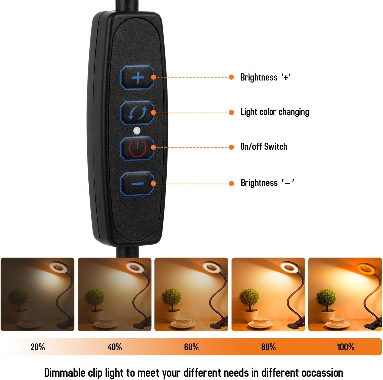 Clip On Light Reading Light,48 LED Blue Light Blocking Amber Reading Lamp,3 Light Color Options,Dimmable Clamp On Desk Ring Lights for Books in Bed Headboard Webcam Video Conference