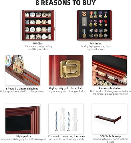 Miniatura 6 de DecoWoodo Vitrina de monedas de desafío militar con puerta de vidrio HD, vitrina de 5 filas de medallas, gabinete con caja de sombra con 2 ranuras