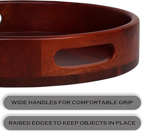 Miniatura 4 de LAVAUK Bandeja redonda de madera de mango de 12 pulgadas con asas, bandeja de madera con acabado de caoba para aperitivos, café, té, barbacoa o