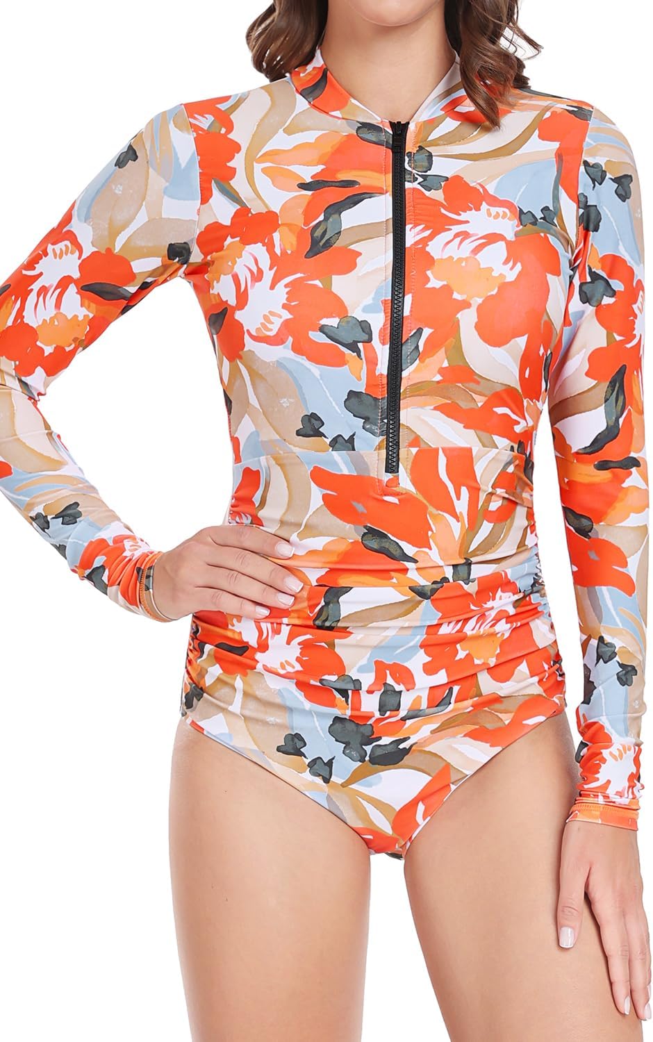 AXESEA Womens Rash Guard Long Sleeve One Piece Swimsuit Ruched Zip Bathing Suit