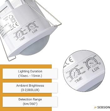 SEBSON PIR Motion Sensor Indoor Ceiling Flush-Mounted 6m/360° LED Suitable