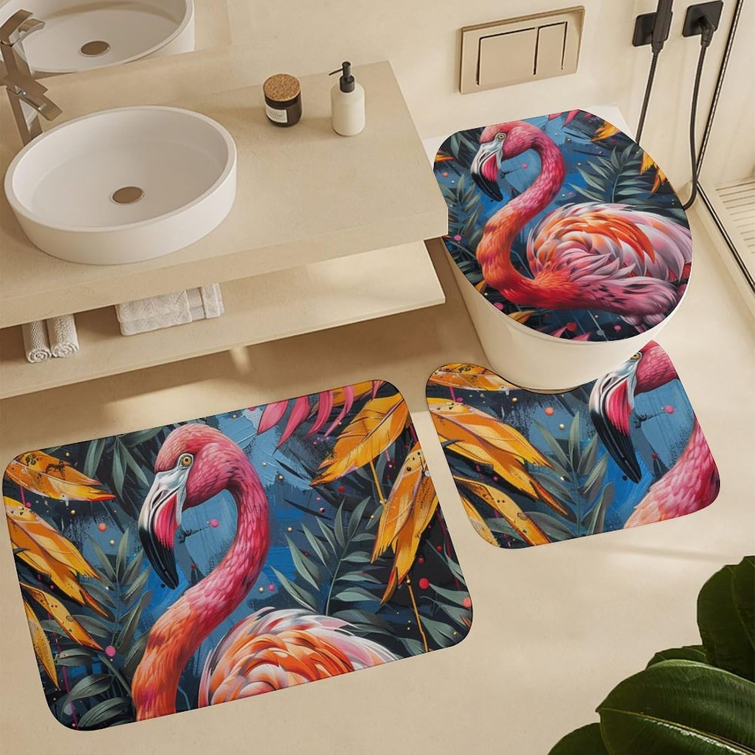 4Pcs Flamingo Fantasy Shower Curtain Sets with Rugs, Toilet Lid Cover and Bath Mat, Retro Jungle Palm Tree Leaf Bathroom Shower Curtains Set with 12 Hooks