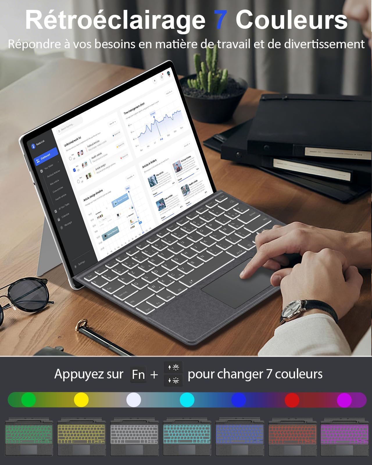 MoKo Clavier Français Compatible avec Microsoft Surface Pro 12 (13 Pouces 12ᵉ Génération 2026)/11/10/ 9/8/ X, Clavier AZERTY Bluetooth avec Pavé Tactile, Rétroéclairage 7 Couleurs, Rechargeable