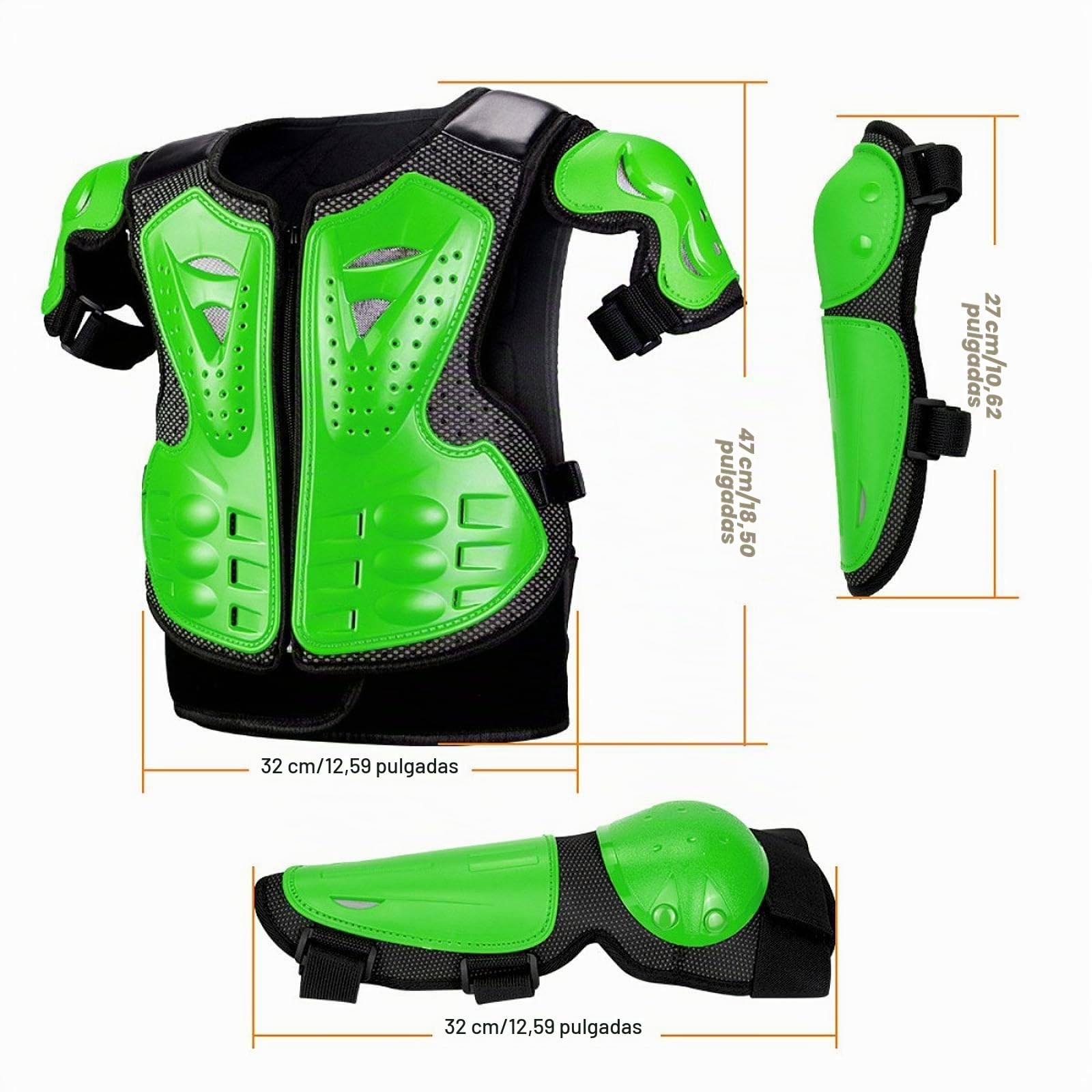 Traje de protección de motocicleta para niños con coderas, rodilleras, equipo de de cross, conjunto de protección de conducción para deportes al, Verde