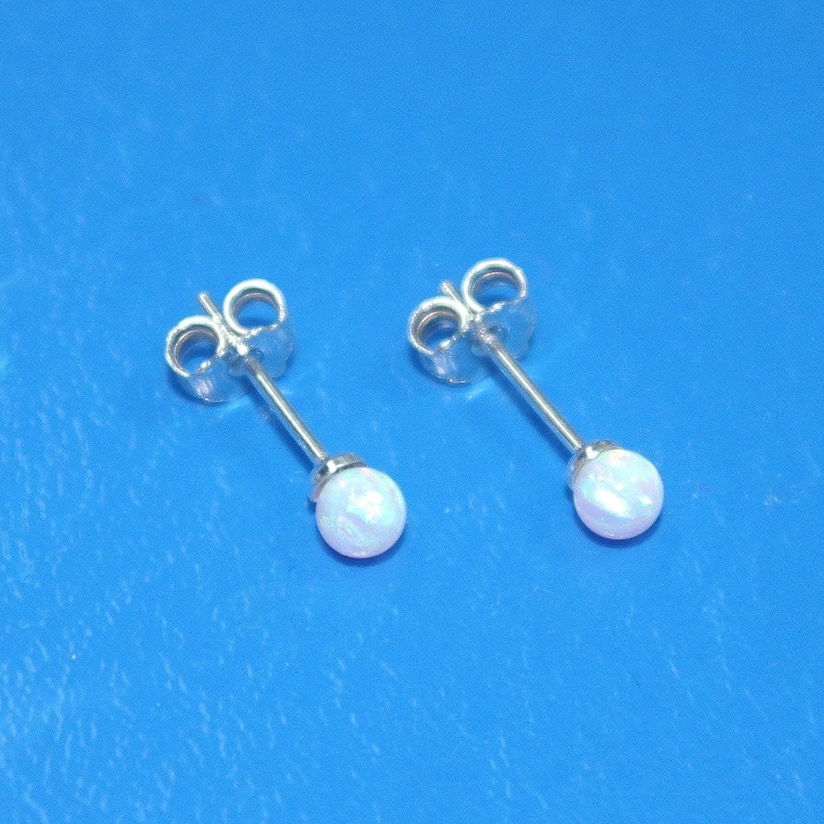White or Blue Opal Ball Beads Stud Earrings 925 Sterling Silver 4mm, 5mm, 6mm
