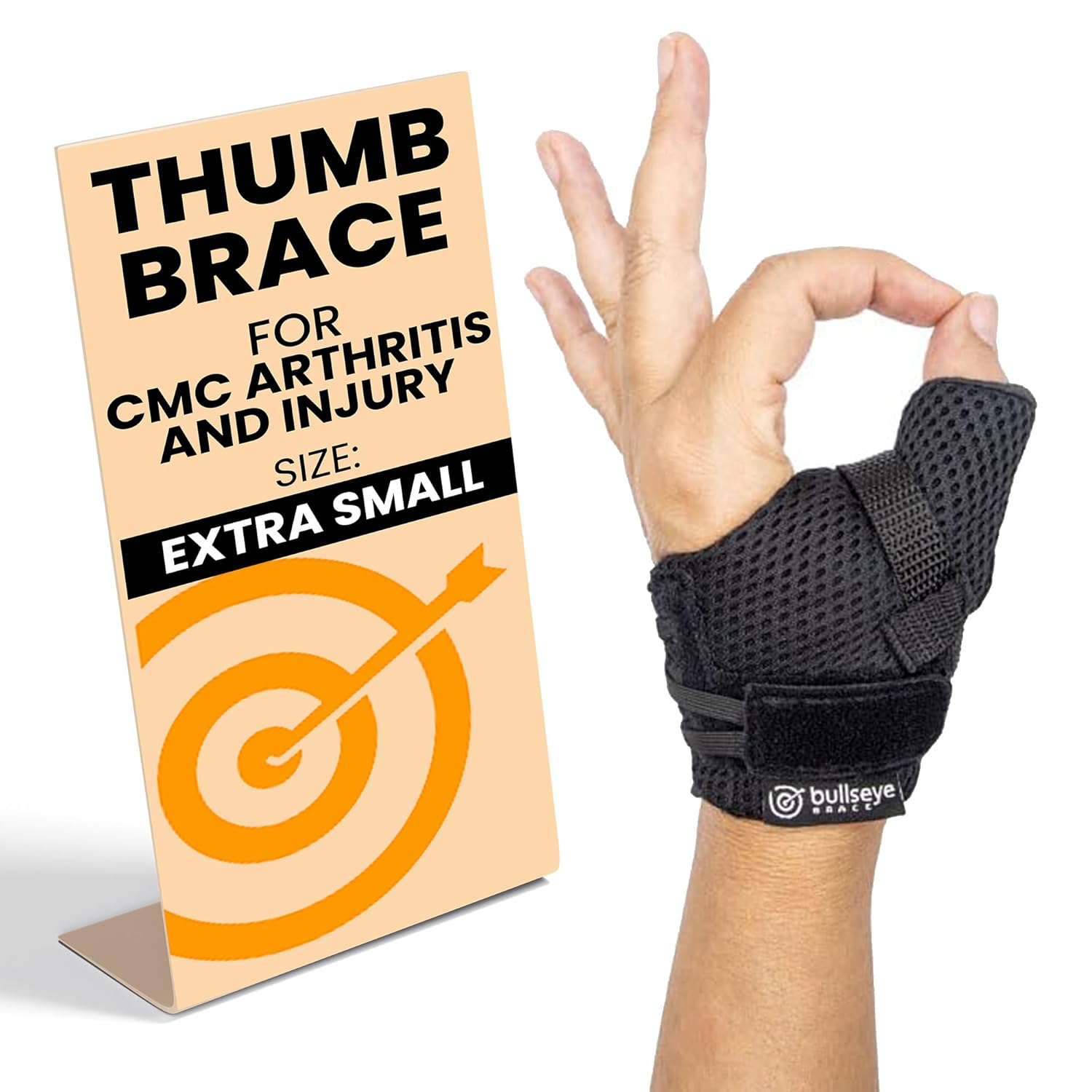 Bullseye Thumb Brace – Stabilizes Thumb CMC Joint to Relieve Pain due to Arthritis and Injuries – Adjustable Fit with Supportive Strap – Speed Lacer for Easy On/Off – Hand Wash - (S/M - Right Hand)