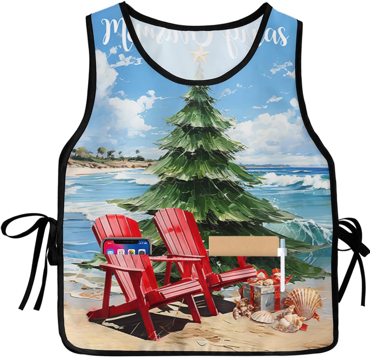 Christmas Tree Cobbler Aprons with 2 Pockets Bib for Chef Kitchen Watercolor Summer Beach Shells