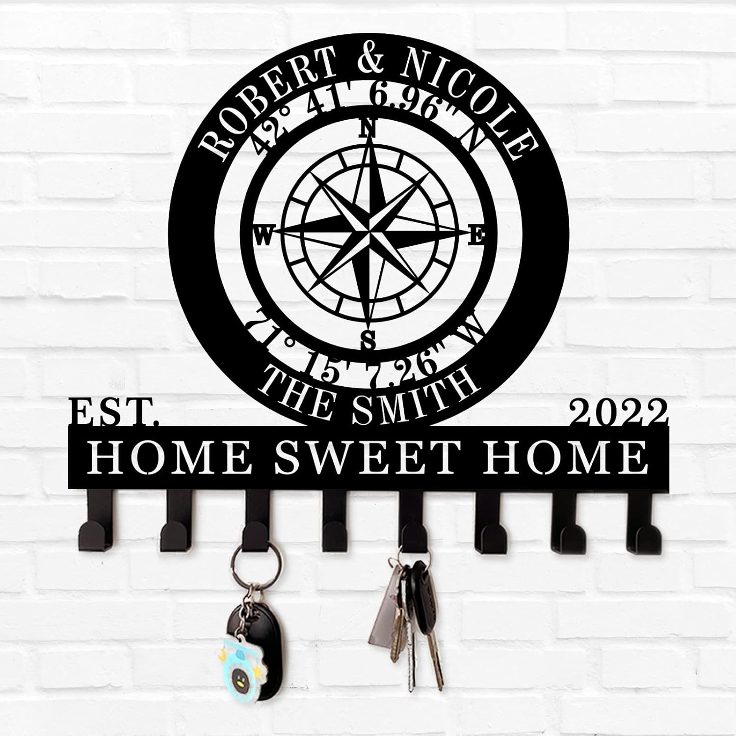 Key Holder for Wall with Nautical Compass GPS Coordinates, Key Hanger Decor for Kitchen, Entryway, Hallway, Office, Doorway Housewarming Gifts New Home