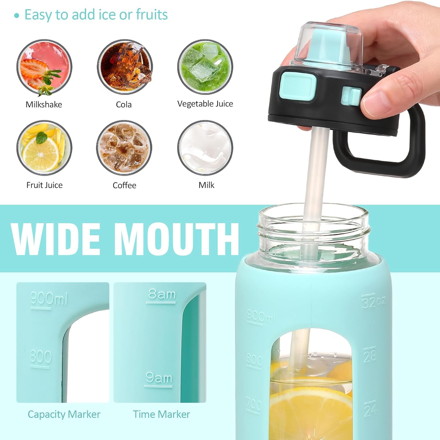 Kodrine 32 oz Glass Water Bottle with Straw and Carry Loop, One-Touch Leakproof Locking Lid, Reusable Drinking Bottle with Time Marker for Travel Home Gym Sports (light Blue) - Image 4