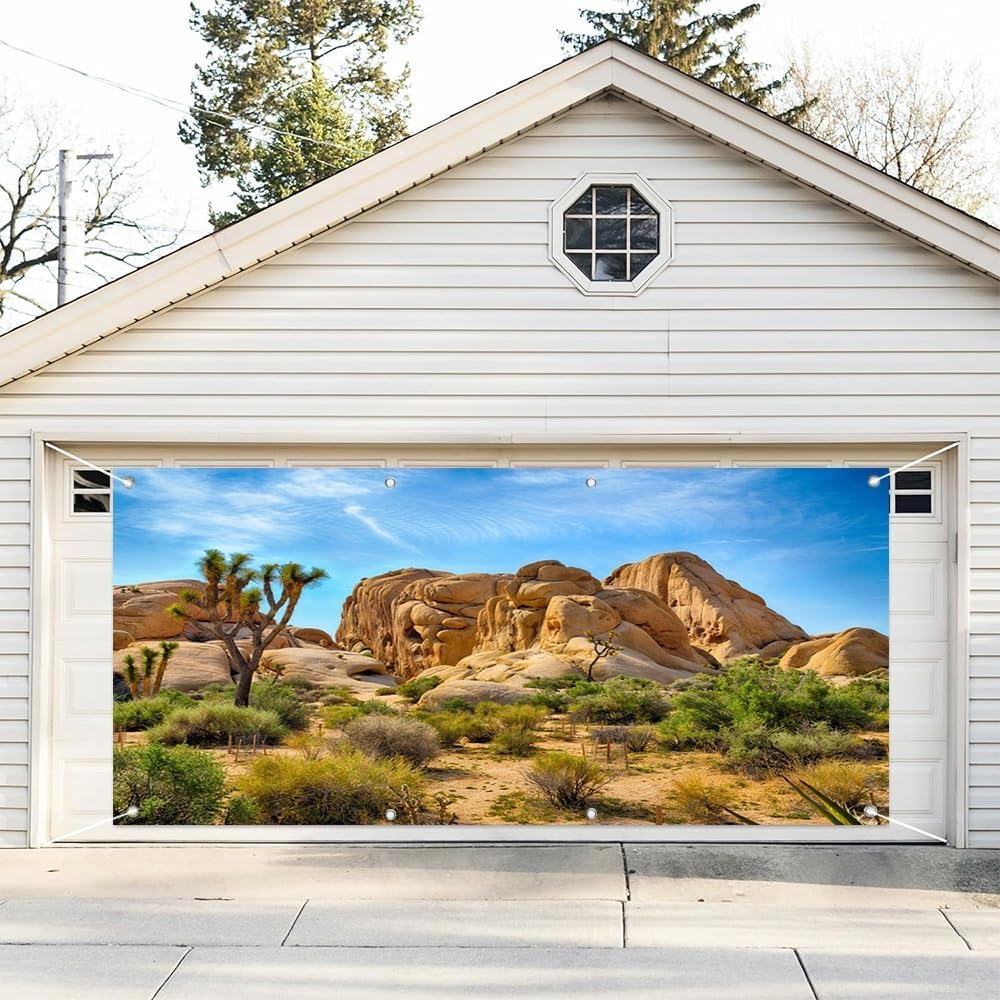 Leyiyi 7x16ft Desert Garage Door Decoration Banner Joshua Tree National Park Rocky Mountains Natural Scenery Garage Door Banner Cover with Grommets Hiking Camping Party Indoor Outdoor Wall Decor