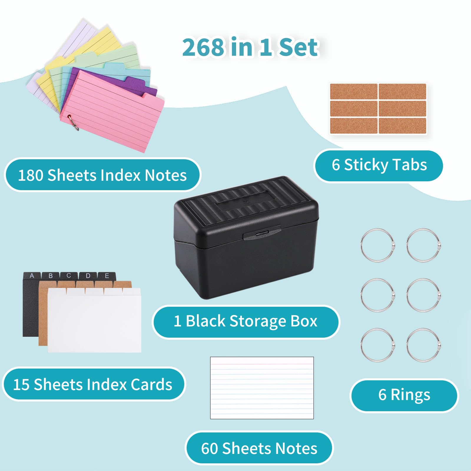 JIANTA Boîte d'index Fiche Bristol Couleur Lignées avec 255 Cartes, 15 Index Cards, 6 Anneaux