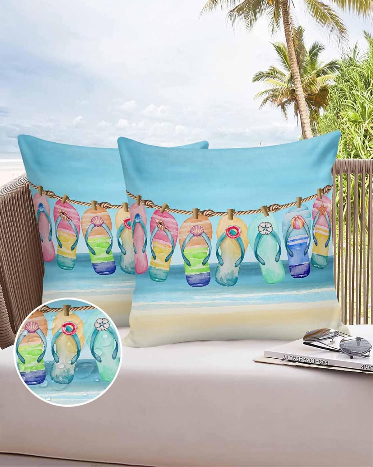 Summer Outdoor Waterproof Throw Pillow Covers 18 x 18 Inch Set of 2, Beach Sky Slippers Pillowcases Decorative Square Cushion Cases for Patio Furniture Couch Porch Garden