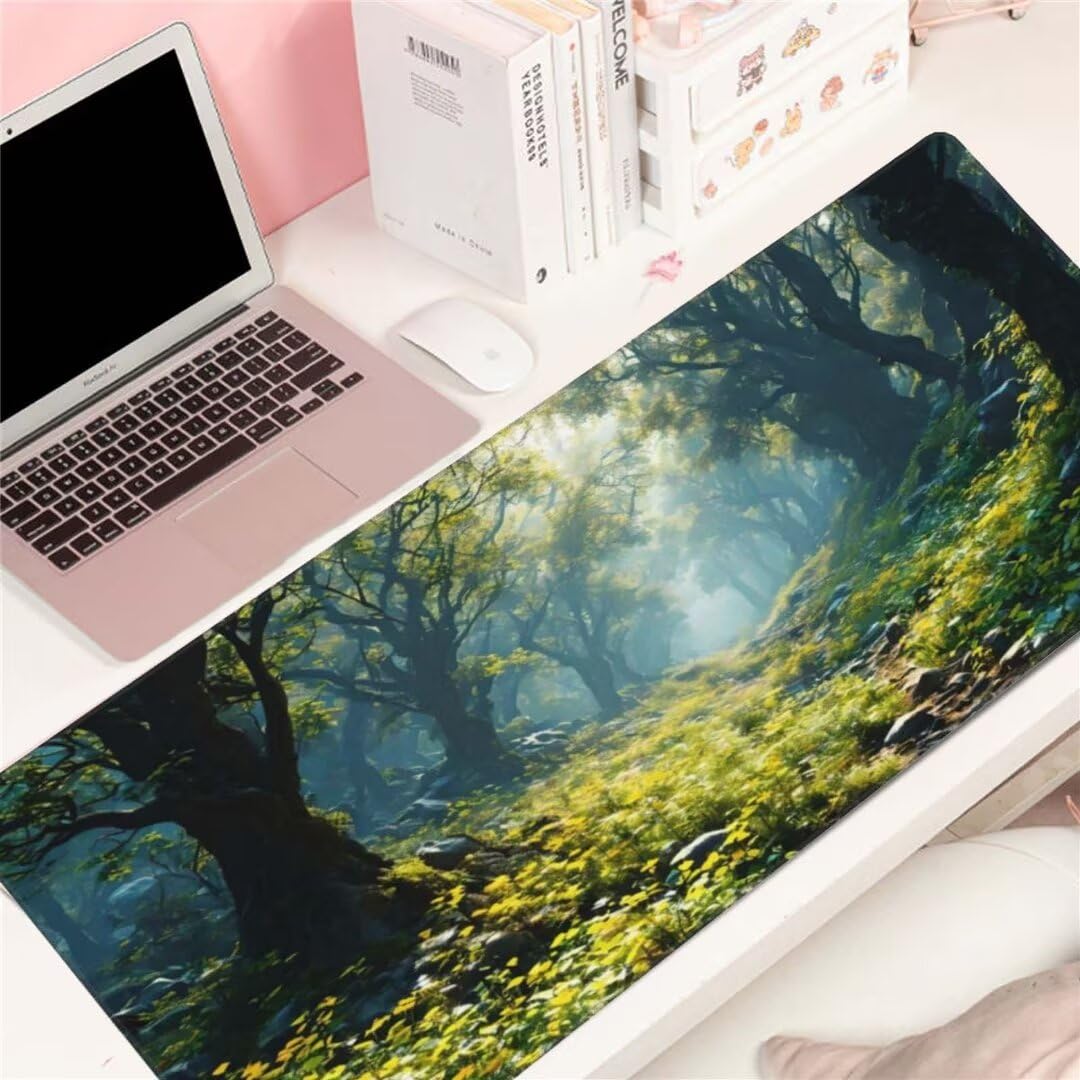 Alfombrilla de ratón 1400x600x3 MM, Alfombrilla Ratón XXL Extendida de Gran Tamaño con Bordes Cosidos, Base de Goma Antideslizante Almohadilla para Teclado, Árboles forestales S-10751