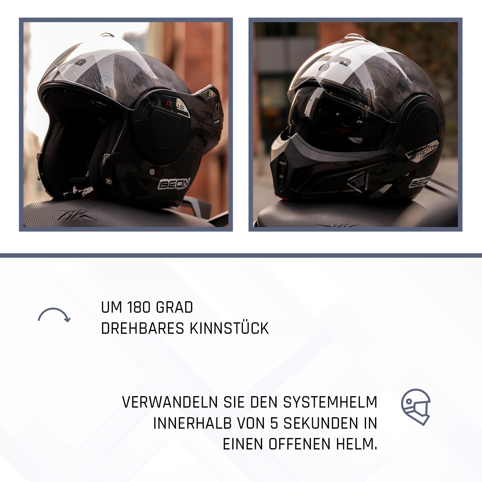 BEON Stratos Motorradhelm - Systemhelm Klapphelme mit Visier und Sonnenblende - Rollerhelm Sonnenblende - Motorrad Helm Damen & Herren - Integralhelm 180° Klappbar - Anti-Kratz-Visier - XXL