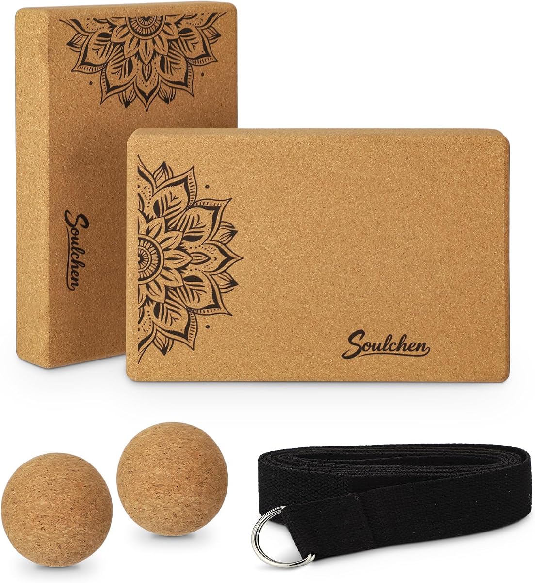 5 Pack Yoga Accessories for Women Set Yoga Block 2 Pack with Strap Massage Ball for Meditation Pilates Cork Blocks Stretching Home Gym Natural High-Density, 12"x8"x2"