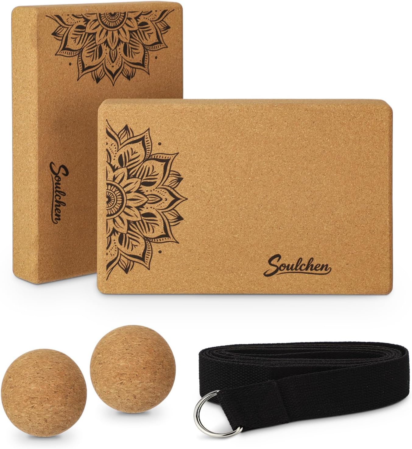 Soulchen 5 Pack Yoga Accessories for Women Set Yoga Block 2 Pack with Strap Massage Ball for Meditation Pilates Cork Blocks Stretching Home Gym Natural High-Density, 12"x8"x2"