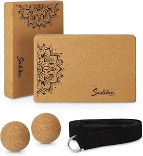 5 Pack Yoga Accessories for Women Set Yoga Block 2 Pack with Strap Massage Ball for Meditation Pilates Cork Blocks Stretching Home Gym Natural High-Density, 12"x8"x2"